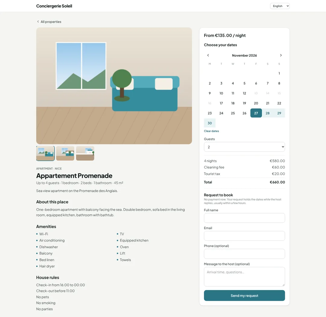 HostlyApp booking page showing a flat in Nice with a date picker and a price summary