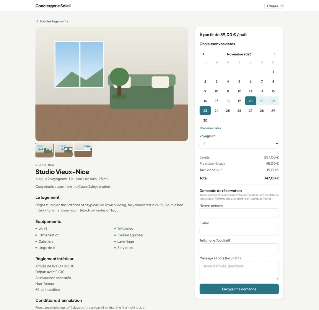 Page de réservation HostlyApp montrant un studio à Nice avec un calendrier et le détail du prix